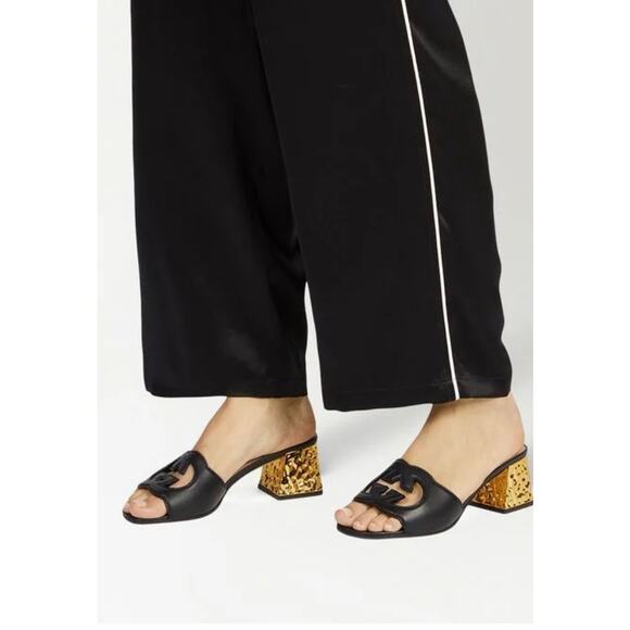 Gucci Interlocking G Cut Out Black Leather Gold Block Heel Sandal 38.5 - Picture 12 of 12